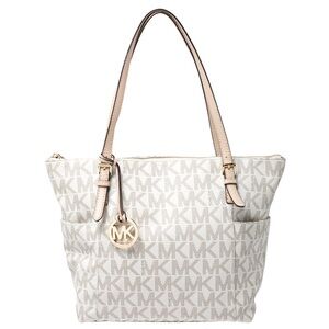 Michael Kors Beige/Off White Signature Coated Canvas Jet Set Tote
